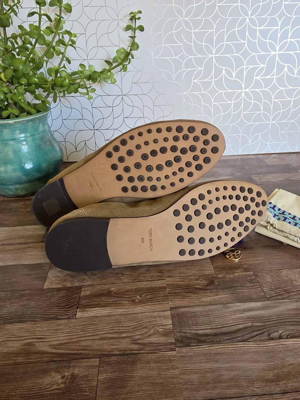 Tory Burch Brown Suede Penny Loafers with Gold Logo